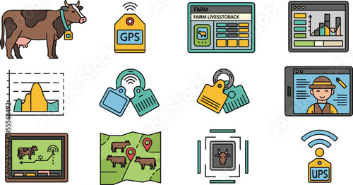 Smart farming and livestock tracking icon set with GPS monitoring systems