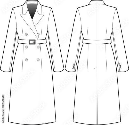 Women's Double-Breasted Belted Wool Coat Fashion Flat Sketch - Front and Back View