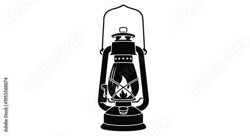 Black and white illustration of a vintage lantern with a handle and glass chimney on a plain white background.