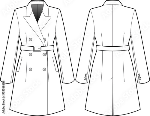 Women's Double-Breasted Belted Midi Coat Fashion Flat Sketch - Front and Back View