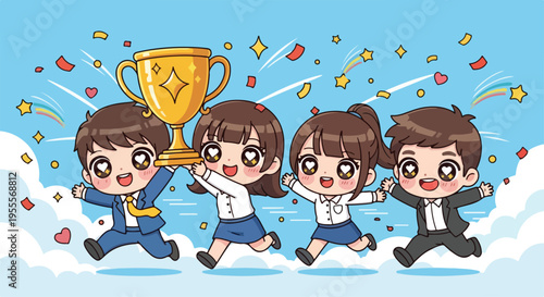 Cartoon illustration of four businesspeople running with a trophy amidst confetti and stars on a blue background with clouds.