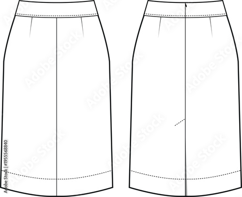 Women's Midi Pencil Skirt with Hem Band Fashion Flat Sketch - Front and Back View