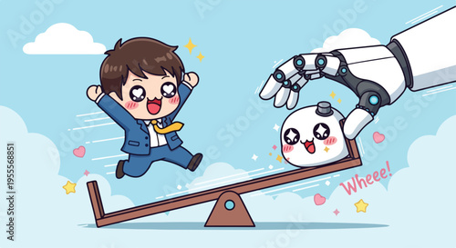 Cartoon illustration of a boy on a seesaw with a robot hand and a panda in a playful outdoor setting with blue sky and clouds.