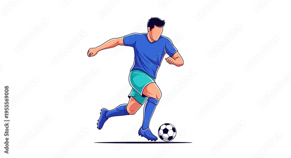 Fototapeta premium Man in blue uniform kicking soccer ball on white background