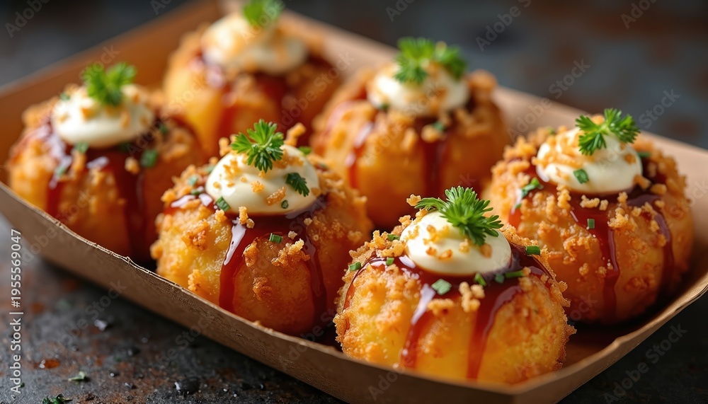Fototapeta premium Six fried takoyaki balls arranged in brown paper tray. Ball topped with savory sauce, mayonnaise, crispy bits, parsley garnish. Japanese street food presented close-up against dark textured