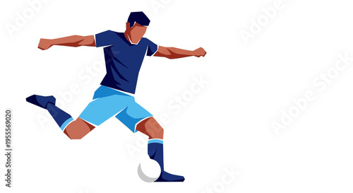 Man kicking a soccer ball in blue uniform isolated on white background