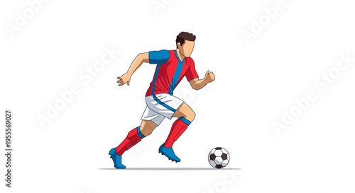 Soccer player in action kicking ball with red and blue uniform