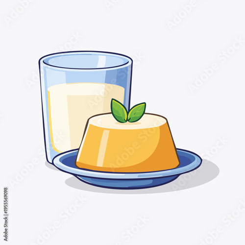 Caramel custard pudding with a glass of milk illustration.