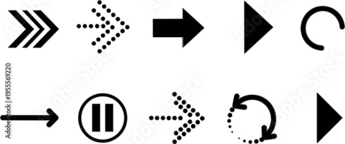 Arrow icons set with navigation symbols play pause forward dotted direction and circular refresh arrows minimal black vector collection
