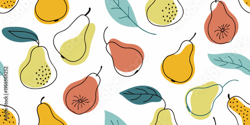 Stylized pattern of colorful pears and leaves on a white background