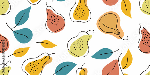 Abstract pattern of colorful pears and leaves on a white background