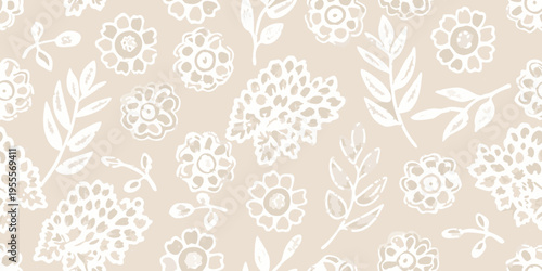 Delicate floral pattern with sketched blooms and leafy branches