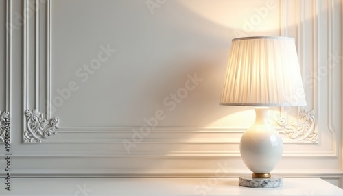 Elegant white table lamp with pleated shade sits on white table. Ornate wall paneling with floral details provides backdrop. Soft light fills room.