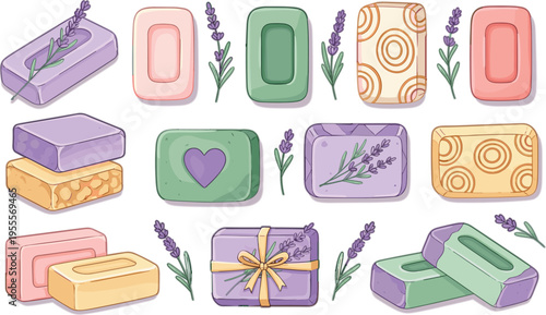Handmade soap bars set with lavender herbal ingredients natural organic skincare collection aromatic bath products pastel vector illustration
