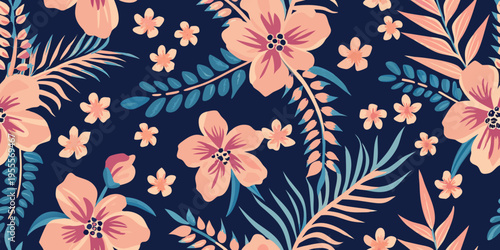 A vibrant floral pattern featuring pink and teal tropical blossoms