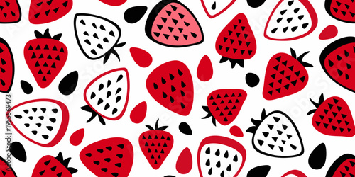 A vibrant pattern of stylized strawberries and abstract shapes