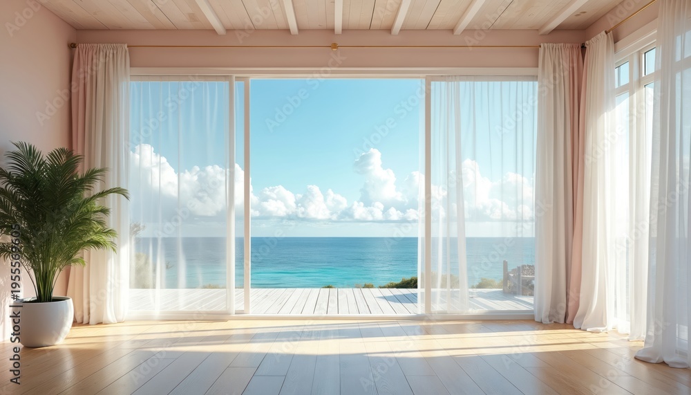 Fototapeta premium Bright room with large windows showing ocean view. White curtains frame blue sky and sea. Wooden floor reflects sunlight. Plant in pot adds touch of green to minimalist interior.