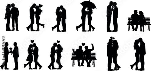 Romantic couples silhouettes set with kissing hugging proposal scenes love relationship black figures collection vector illustration