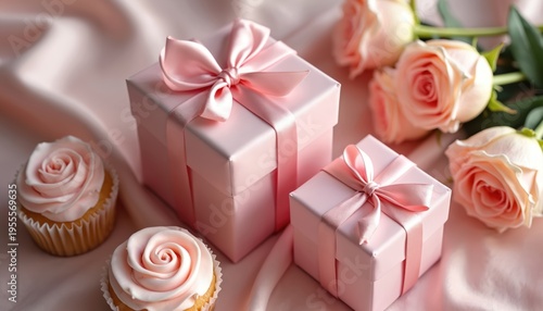 Pink gift boxes with ribbons and rose cupcakes are arranged with pastel roses on draped satin fabric. Sweet treats and presents evoke romantic celebration or feminine birthday.