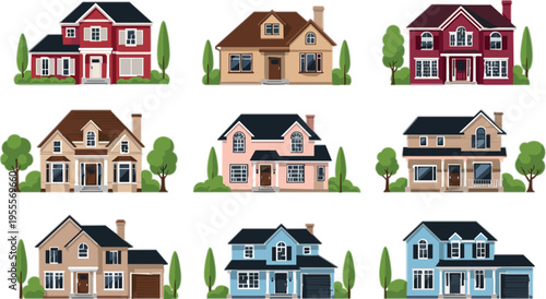 Suburban houses collection with different residential home exteriors cottages villas and modern family houses vector illustration set