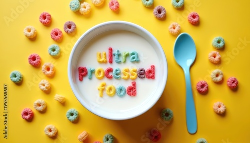 Colorful breakfast cereal in bowl spells out ultra processed food. Spoon nearby. Scattered cereal rings on yellow background. Nutrition concept.