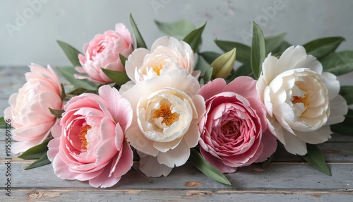 Soft pink and white peonies cluster on grey wood. Delicate petals and green leaves create a gentle floral arrangement perfect for spring or wedding themes.