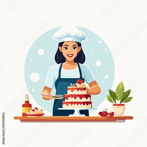 Cartoon Baker Woman Decorating a Layered Cake with Berries.