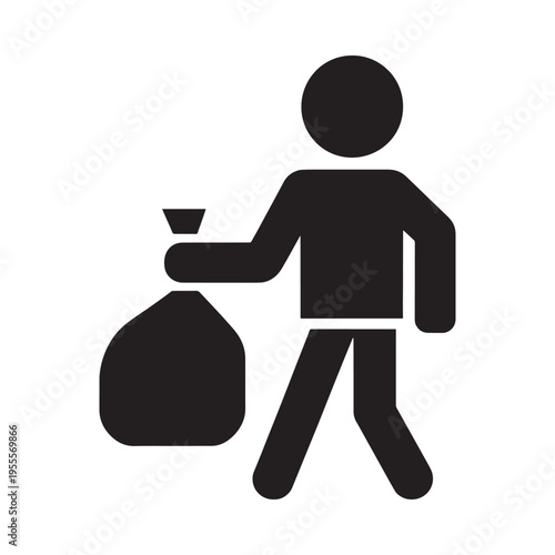 Simple black icon depicting a person carrying a trash bag or receptacle
