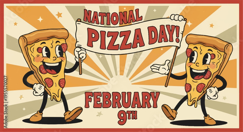 National pizza day celebration with smiling cartoon slices on banner background