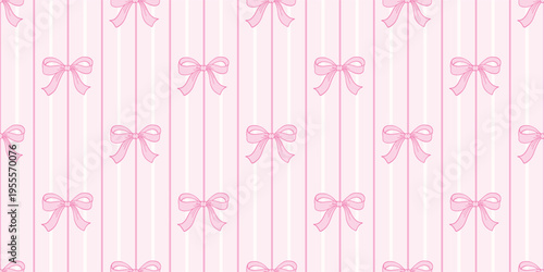 Seamless pink coquette bow pattern on striped background, cute feminine vector ribbon wallpaper.