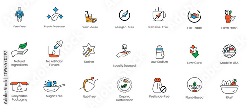 Clean label and eco-friendly food packaging vector line icon set, highlighting natural ingredients, fat-free, plant-based, and locally sourced symbols.