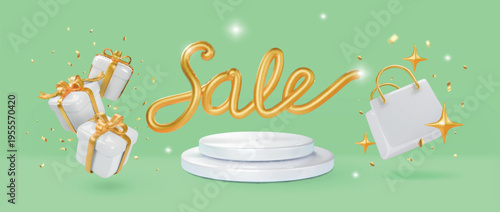 3D white podium with white gift boxes on a green spring background, gold letters sale, golden confetti. Elegant circular platform with shimmering particles for sale discount celebration display.