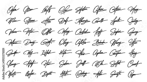 Collection of diverse artistic handwritten calligraphy signatures in black ink on a clean white background representing personal identity