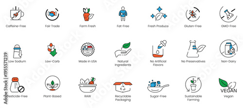 Fair trade, sustainable farming and dietary nutrition vector line icon bundle, highlighting fat-free, low-carb, and recyclable packaging symbols.