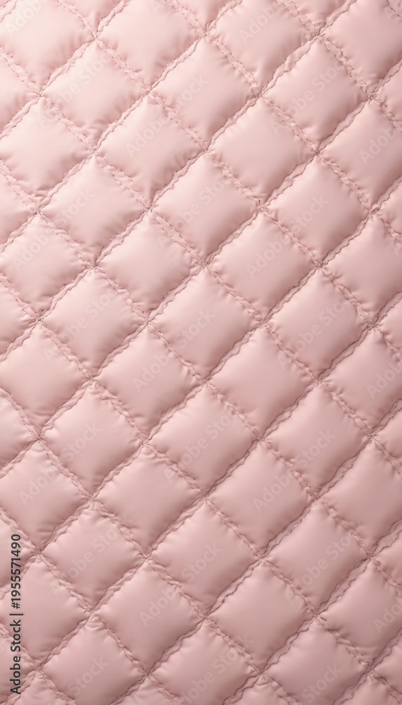 Obraz premium Close view of pink quilted faux leather texture. Diamond stitched pattern on smooth material. Soft textile surface with decorative stitching for backgrounds.