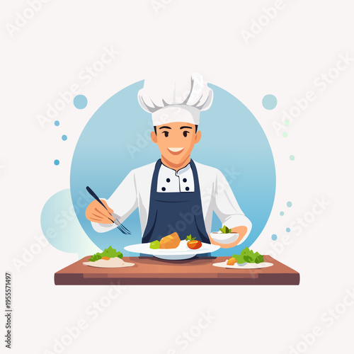 Chef preparing delicious food on a wooden table with focus.