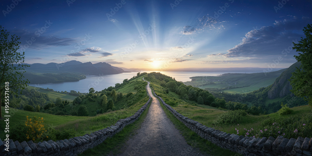 Naklejka premium A scenic path leading to the sun and water landscape