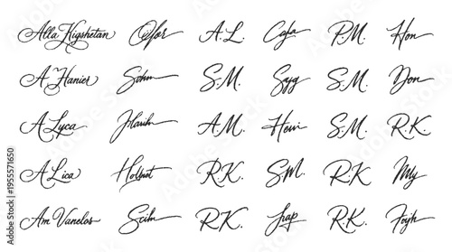 Collection of twenty eight distinct elegant and authentic handwritten signature samples in black ink showcasing a variety of cursive