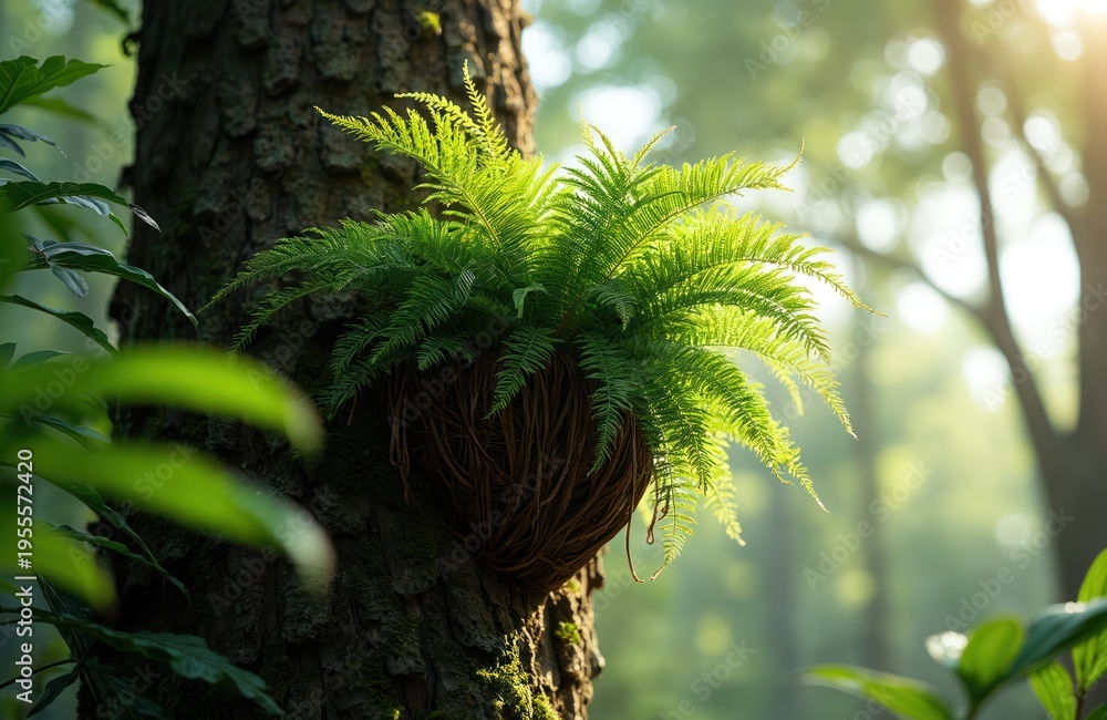 Obraz premium Bird nest fern grows on a tree trunk in a lush forest. The green leaves are lit by sunlight filtering through the trees. It shows a symbiotic relationship and natural beauty.
