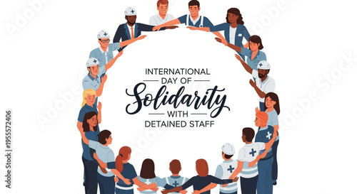 Illustration of diverse people forming a circle to support International Day of Solidarity with Detained and Missing Staff, promoting humanitarian worker rights and global workforce