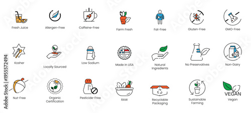 Sustainable packaging and healthy food restriction vector line icon collection, featuring recyclable packaging, organic certification, and natural ingredients labels.