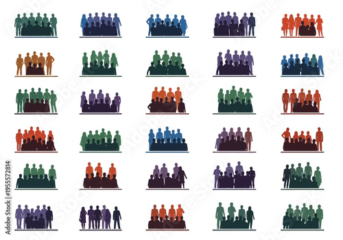 Diverse colored silhouette groups of people gathering and meeting.