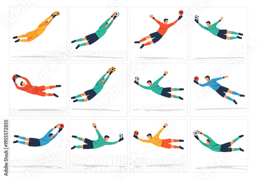 Dynamic Soccer Goalkeepers Diving to Catch Ball Vector Illustration Set.
