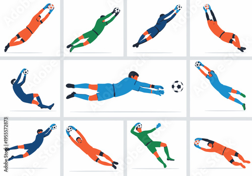 Stylized Soccer Goalkeepers Diving and Catching Ball in Dynamic Action Poses.