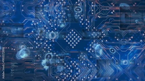 Small glows pulsing along traces starting microchip emitting HUD panes, showing data flow