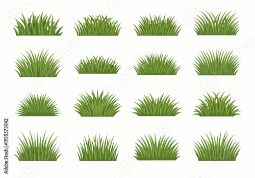 Collection of Fresh Green Grass Clumps in Various Shapes and Sizes.