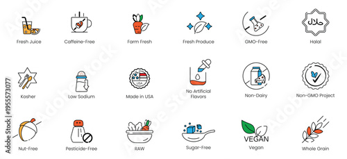Non-GMO project, halal and clean eating food label vector line icon set, featuring whole grain, raw food, and pesticide-free packaging symbols.