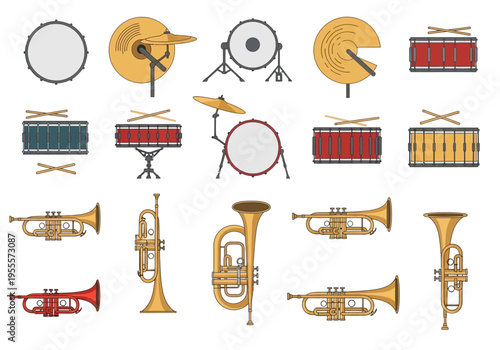 Vector illustration set of various musical instruments: drums cymbals trumpets and brass horns.