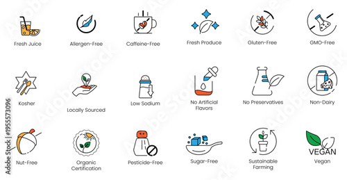 Complete vegan and organic dietary label vector line icon set, featuring gluten-free, non-dairy, GMO-free, and allergen-free badges for food packaging.