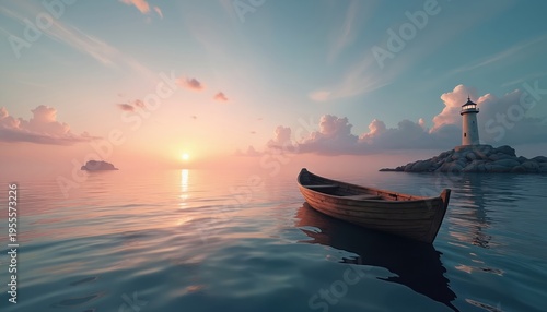 Wooden boat floats on calm sea near rocky island with lighthouse. Sunset sky with pastel colors over water reflects golden sun. Serene seascape, peaceful journey, remote navigation.